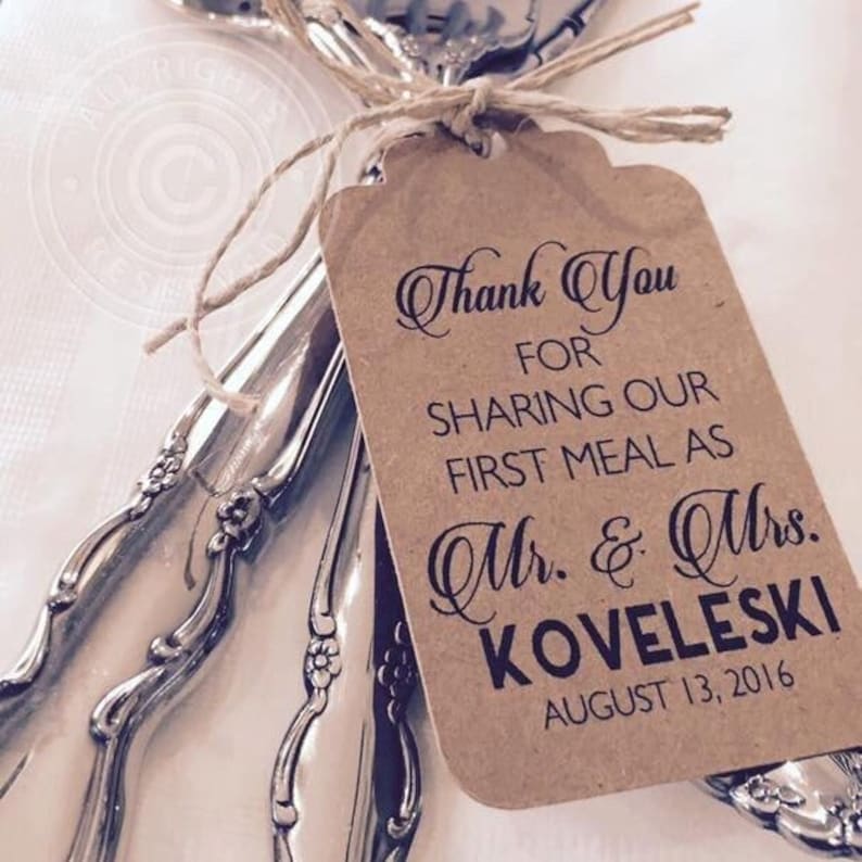 Thank You For Sharing Our First Meal Silverware Tags, Wedding Thank You Tags, Wedding Reception Table Decor Set of 12 image 1