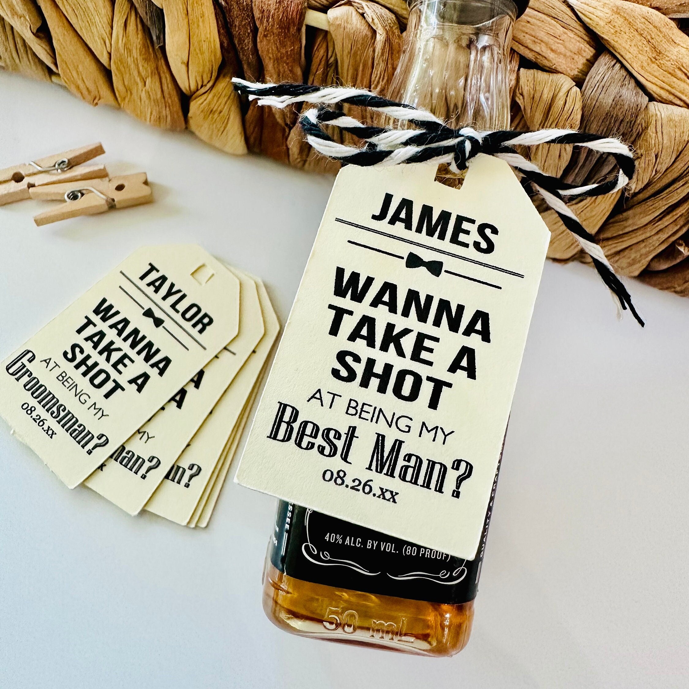 Custom Groomsman Best Man Officiant Proposal Box Gift Hang Tags, Will You Be My Usher Tags, Take A Shot Mini Tags
