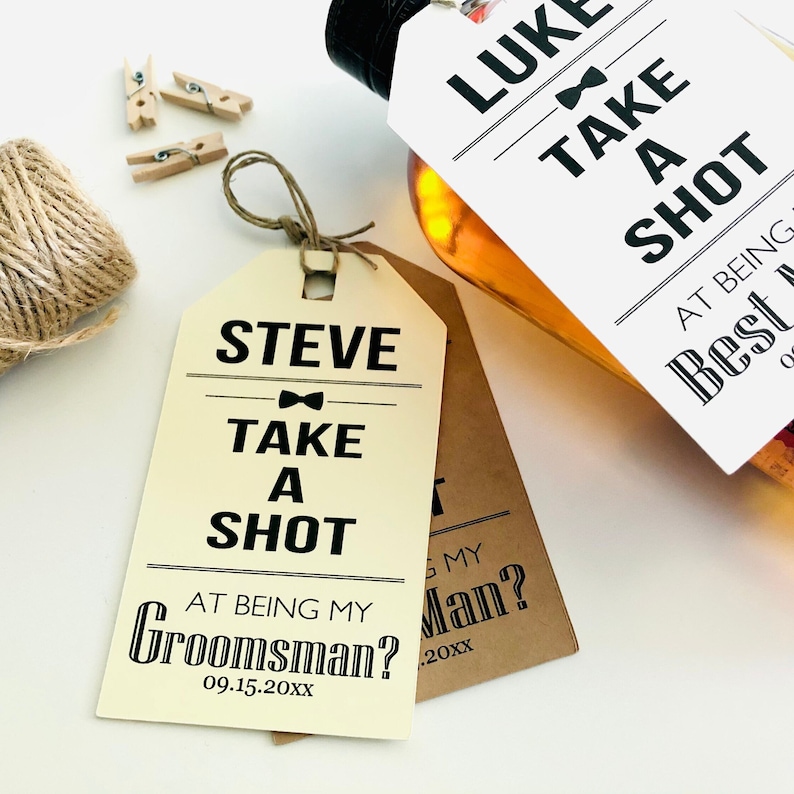 Take A Shot Groomsman Best Man Proposal Custom Gift Hang Tags, Will You Be My Best Man Proposal Box Gift afbeelding 1