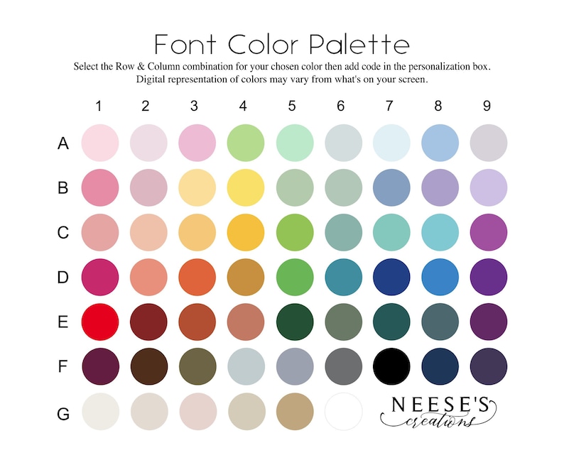 May include: A color palette chart with 63 different color swatches arranged in a grid. The colors are labeled with letters A through G and numbers 1 through 9. The chart is titled "Font Color Palette".