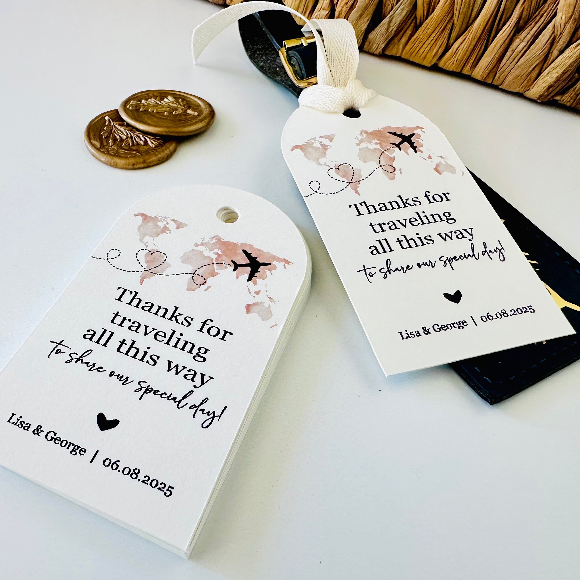 Wedding Travel Destination Guest Favors Luggage Tags, Unique Travel Theme Wedding Paper Tags (Set of 12 Paper Tags)