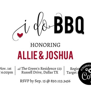 May include: A wedding invitation for a barbecue celebrating Allie & Joshua. The invitation features a red heart, black text, and a black and white illustration of gears. The text reads "i do BBQ" and "Honoring Allie & Joshua". The invitation includes the date, time, location, and RSVP information.