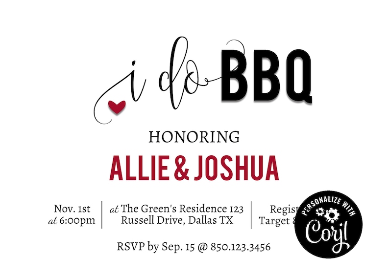 May include: A wedding invitation for a barbecue celebrating Allie & Joshua. The invitation features a red heart, black text, and a black and white illustration of gears. The text reads "i do BBQ" and "Honoring Allie & Joshua". The invitation includes the date, time, location, and RSVP information.