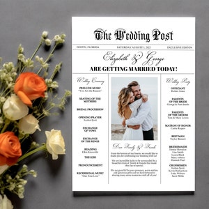 Wedding Day Newspaper Printable Ceremony Program Templates, Editable Timeline Itinerary