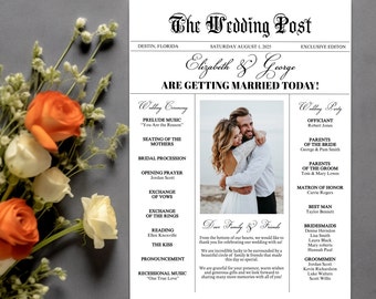 Wedding Day Newspaper Printable Ceremony Program Templates, Editable Timeline Itinerary