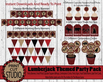Lumberjack Party Pack: Buffalo Plaid Decor, Banners, Games (Digital Download)