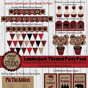 Pack de fête sur le thème du bûcheron -TÉLÉCHARGEMENT INSTANTANÉ- Bannières, cartes de tente d’étiquettes, étiquettes de faveur, pièces maîtresses, étiquettes de bouteilles d’eau, jeu de fête et plus encore