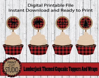 Adornos y envoltorios para cupcakes de leñador: oso, alce y bosque (descarga digital)