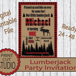 Lumberjack Moose Party Invitation Personalized Printable Digital File - Outdoors