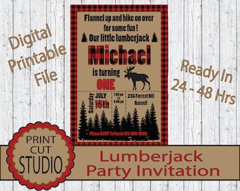 Lumberjack Moose Party Invitation Personalized Printable Digital File - Outdoors