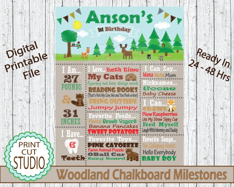 Summer Woodland Animals Themed Chalkboard Milestones Personalized Printable Digital File Nature Forrest Outdoors Camping