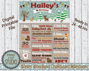 May include: A printable winter woodland chalkboard milestone chart for a first birthday. The chart features a brown background with a white border and a blue and white winter scene at the top. The chart includes milestones such as weight, height, teeth, favorite foods, and favorite toys. The chart is personalized with the name "Hailey's" and the age "1st Birthday".