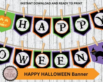 ハロウィンバナー：緑、紫、オレンジのパーティーデコレーション（PDFダウンロード）