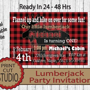 Lumberjack Moose Party Invitation Personalized Printable Digital File - Outdoors - Red And Black Buffalo Plaid