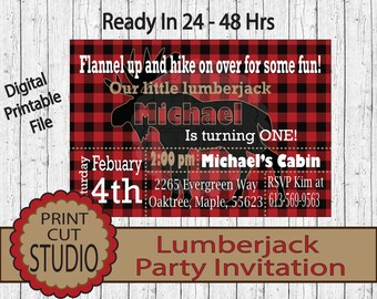Invitación fiesta de alces de leñador archivo Digital imprimible personalizado - al aire libre - cuadros de búfalo rojo y negro