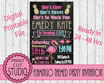 Flamingo Birthday Invitation: Pink, Aqua, Gold Glitter (Digital File)