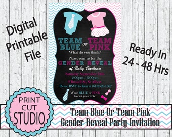 Invitación para revelar el género del equipo azul o rosa: imprimible (archivo digital)