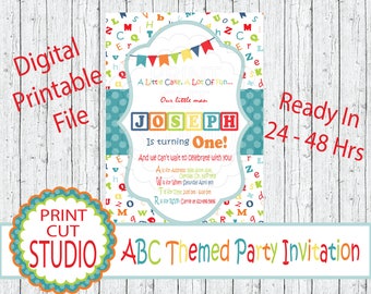 Invitación de cumpleaños con el alfabeto ABC: Tema de bloques de bebé (archivo digital)
