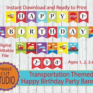 Transportation Birthday Banner: Ages 1-4 Party Decor (Digital Download)
