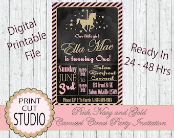 May include: A pink, navy, and gold printable invitation for a carousel-themed birthday party. The invitation features a gold glitter font and a black chalkboard background. The text reads "Our little girl Ella Mae is turning One! Sunday June 3rd 8:00 PM to 5:00 PM Salem Riverfront Carousel 123 Front St NE Salem, Oakville 12569 Please RSVP to Carrie at 613-569-8965 Pink, Navy and Gold Carousel Circus Party Invitation".