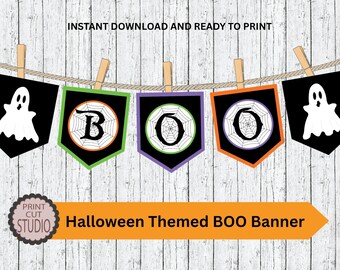 ハロウィンBOOバナー：緑、紫、オレンジのゴースト（印刷可能なデジタルファイル）