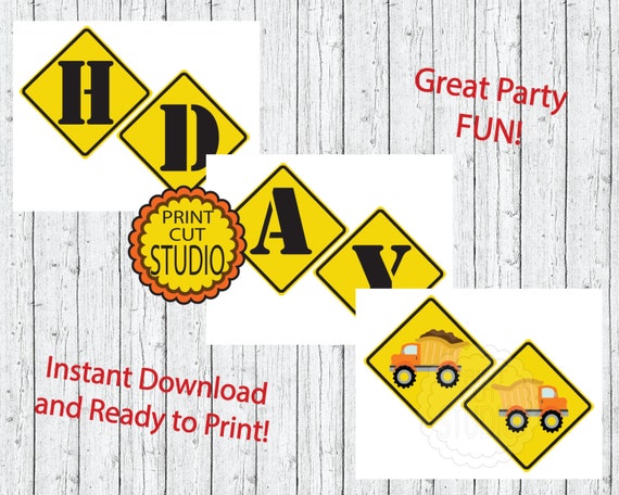 Construction Themed Happy Birthday Banner Instant Download Etsy