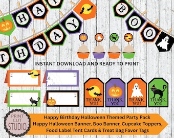 ハロウィンの誕生日パーティーの印刷物：バナー、カップケーキのトッパー、ギフトタグ（すぐにダウンロード）