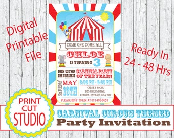 Carnival Circus Party Invitation: Red Turquoise Tent (Digital File)