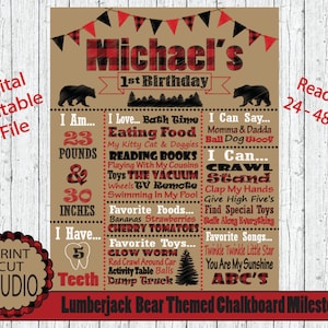 Lumberjack Bear Chalkboard Milestones - Personalized Printable (Digital File)