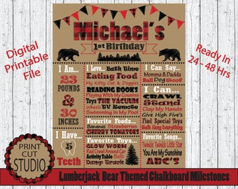 Puede incluir: Un cartel de hitos de pizarra imprimible de color marrón y rojo para una fiesta de primer cumpleaños. El cartel presenta un tema de oso leñador con un patrón de cuadros rojos y negros. El cartel incluye el nombre del niño, "Michael's", y enumera hitos como el peso, la altura y las habilidades. El cartel también incluye una lista de alimentos, juguetes y canciones favoritos.