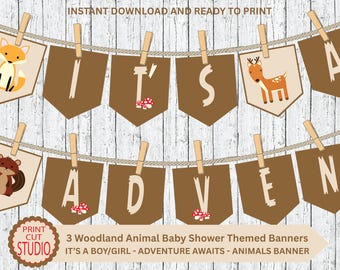 Set de banderines de baby shower con temática de bosque: Es niño/niña, ¡te espera una aventura! (Descarga en PDF)