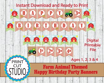 Banner de cumpleaños de animales de granja: Cerdo, vaca y tractor (Descarga en PDF) De 1 a 4 años