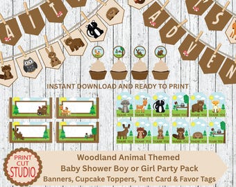 Paquete para baby shower de Woodland: pancartas y adornos para cupcakes (descarga instantánea, archivos imprimibles)