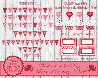 Valentine's Day Party Decorations: Banner, Cupcake Toppers, Tent Cards (PDF)