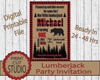 Lumberjack Bear Party Invitation Personalized Printable Digital File - Outdoors