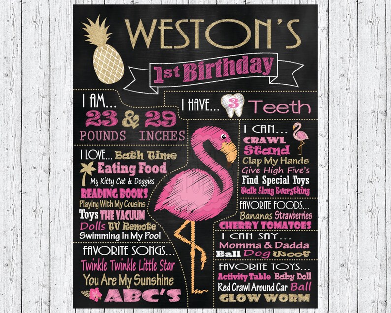 Download Paper Party Supplies Party Supplies Pink And Gold Flamingo Themed Chalkboard Milestones Personalized Printable Digital File Palm Tree Pink Flamingo Tropical Pineapple