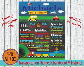 May include: A chalkboard style printable milestone chart for a 2nd birthday with a transportation theme. The chart features a blue, red, and yellow school bus, a red car, a blue airplane, and a red train. The chart includes the child's name, age, height, weight, favorite foods, favorite vehicles, favorite book, and favorite toy. The text on the chart reads "Michael's 2nd Birthday", "I am 29 pounds & 35 inches", "My Favorite Foods... Pizza, Apple Sauce, Yogurt, Ice Cream", "My Favorite Vehicles... Monster Trucks, Planes, Trains, Construction Trucks, Cars, Buses, Farm Equipment", "My Favorite Book... Little Blue Truck", "My Favorite Toy... Hot Wheels Cars and Monster Trucks", "I Love... My Mommy & Daddy, Animals,  DILIPPI, Playing with my cousins, Jumping in Puddles, Bath Time, Swimming in My Pool", "I Can... Run, Jump, Climb Everything, Talk a Lot, Count to Ten, Use My Manners".