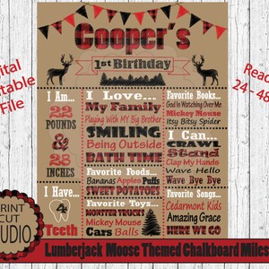 Lumberjack Deer 1st Birthday Chalkboard Milestone - Red Plaid (Digital File)