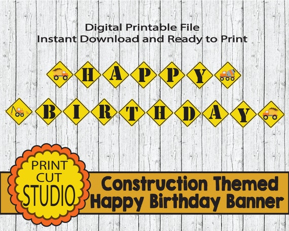 Construction Themed Happy Birthday Banner Instant Download Etsy