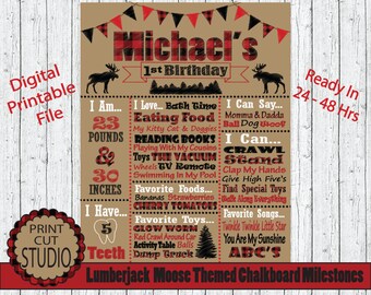 Lumberjack Moose Chalkboard Milestones - Personalized Printable (Digital File)