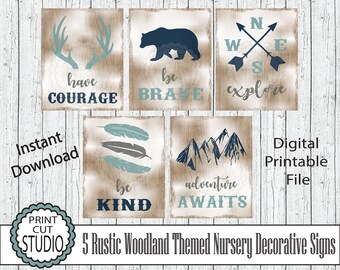 Láminas de decoración rústica de bosque para habitación infantil: oso, astas y montaña (archivo digital)