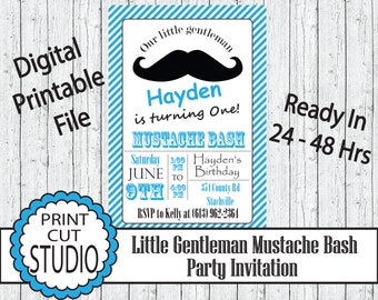 Mustache Bash Birthday Invitation: Little Gentleman, Turquoise & Black (Digital File)