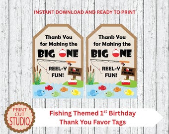 Etiquetas de recuerdo para el primer cumpleaños de pesca: La grande, imprimibles (descarga PDF)
