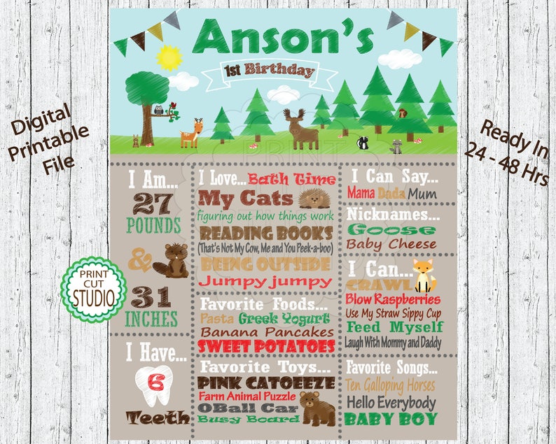 Summer Woodland Animals Themed Chalkboard Milestones Personalized Printable Digital File Nature Forrest Outdoors Camping