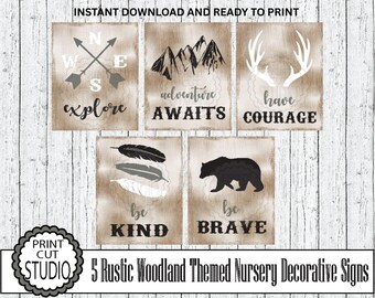 Láminas rústicas de bosque para guardería: oso, astas y montaña (archivo digital, 8 x 10 en JPEG)