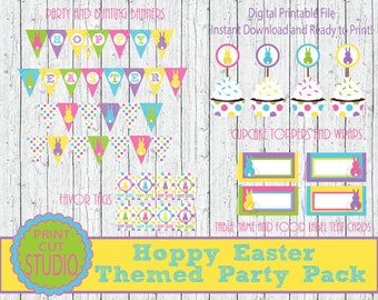 Hoppy Easter Party Pack: Bunny Banner, Cupcake Toppers (Instant Download)