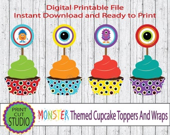 Adornos y envoltorios para cupcakes de Monstruito: Decoración imprimible para fiestas (descarga digital)
