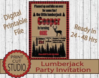 May include: Printable invitation for a lumberjack themed first birthday party. The invitation features a red and black buffalo plaid background with a brown paper overlay. The text reads "Flannel up and hike on over for some fun! Our little lumberjack Cooper is turning ONE. Saturday, January 21st, 1:00 PM to 4:00 PM, Cooper's Cabin, 897 New Town Rd NE, Calhoun, GA 36901. Please RSVP to 613-268-6564. Lumberjack Party Invitation."