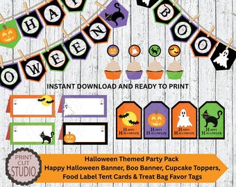 ハロウィンパーティーデコレーションパック：印刷可能なバナー、カップケーキトッパー、ギフトタグ（PDFダウンロード）