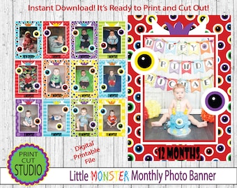 Banner fotográfico mensual de Monster: Imprimible para primer cumpleaños (Descarga digital)